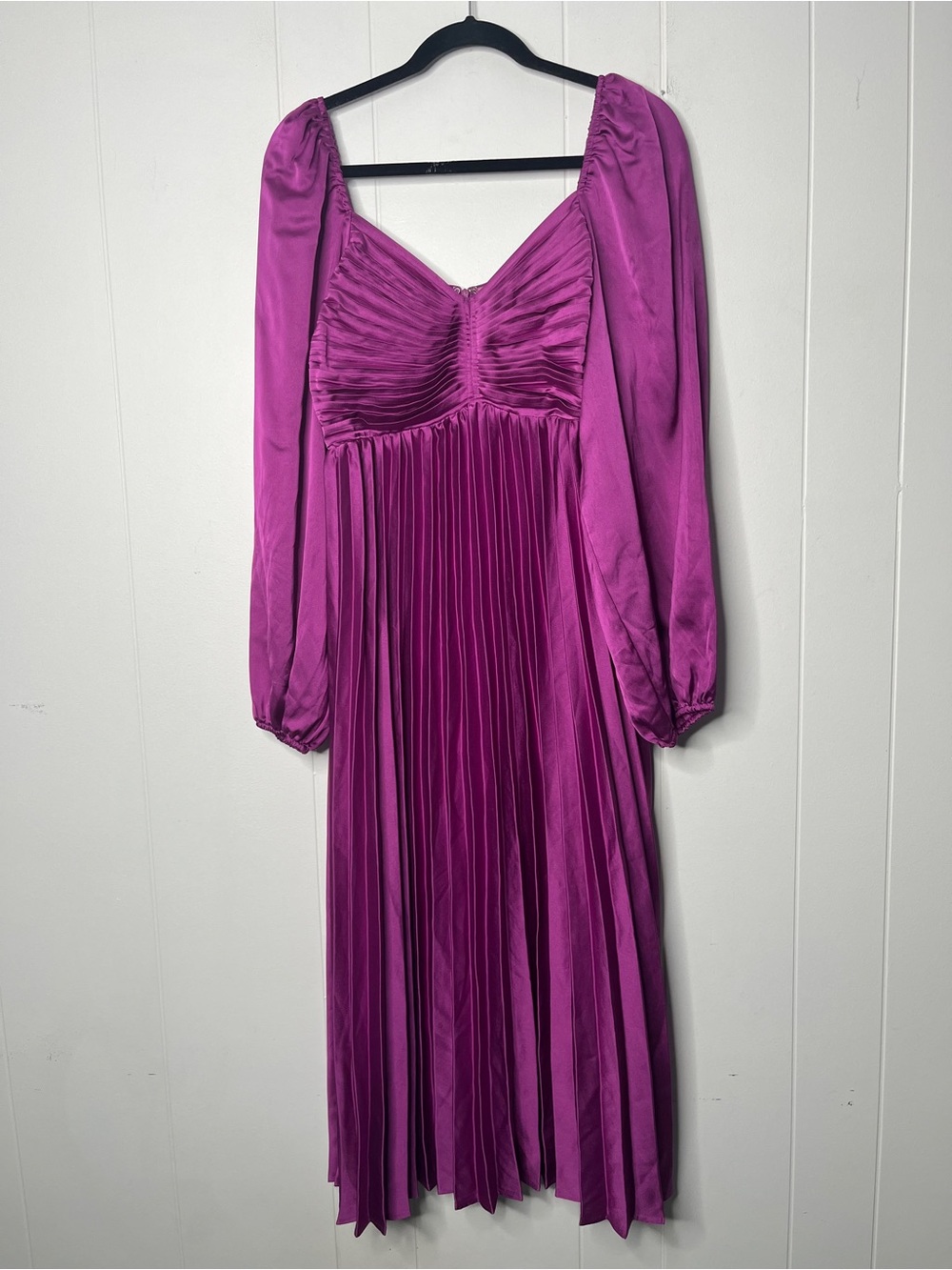Flying Tomato Magenta Pleated Long Sleeve Midi Dress Satin